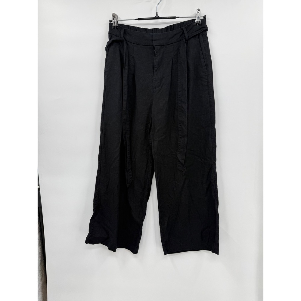 Old Navy Small Wide Leg Pants Womens Black Linen Blend Tie Belt Cropped Trousers
